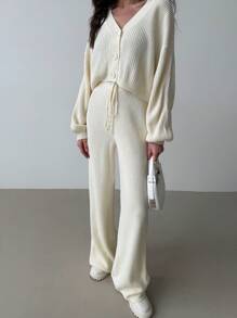 Aloruh Completo di tuta da casa composto da cardigan caldo e pantaloni, adatto per autunno/inverno, versatile per uso interno ed esterno. - Bianco - Visualizzare 6