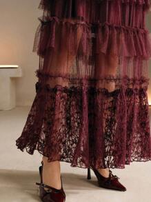 Anewsta Women's Black V-Neck Lace Long Cocktail Dress For Party Events Burgundy Maxi Women Outfit
