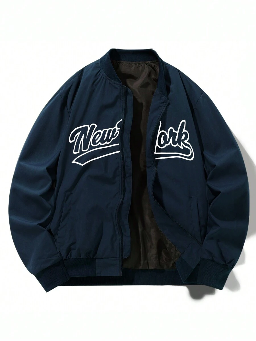 Manfinity Hypemode 男士长袖休闲字母印花飞行员夹克，秋季款 - 藏蓝色 - 查看 1