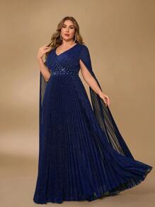 SHEIN Belle Vestido de noche elegante largo, color azul oscuro con talla grande, adornado con perlas falsas y piedras brillantes, de manga larga y con pliegues, para invitados de boda, graduación o cena - Azul - Ver 4