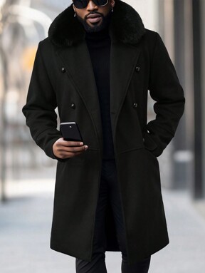 Manfinity Homme Cappotto in lana da uomo con bottoni doppiopetto e colletto in montone, per l'autunno e l'inverno