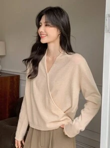 DAZY كنزة صوفية صوفية أنيقة وأنيقة بياقة على شكل V وأكمام طويلة، لون أحادي، تفاف متقاطع، للموسم الخريفي