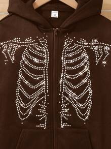 Fashionable Oversized Tween Girl Rhinestone Skull Graphic Casual Pullover Hoodie, Long Sleeve - Brown - View 4