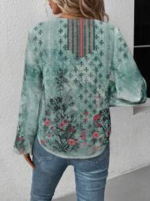 SHEIN LUNE Casual Retro Geometrisch & Bloemig Gemengd Patroon Dames Blouse, Geschikt Voor Herfst/Winter