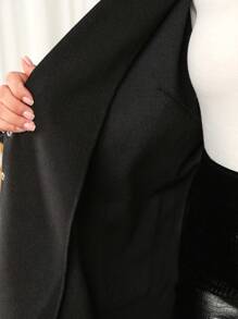 SHEIN LUNE 大码纯色口袋简约休闲铆钉西装领大衣 - 黑色 - 查看 3