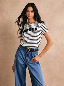 Poéselle Striped & Letter Graphic Tee, Casual Style, Effortless Chic