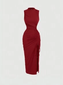 SHEIN MOD Deep Brown Stand Collar Ruched Sleeveless Mid-Length Bodycon Dress For Women - Red - View 1