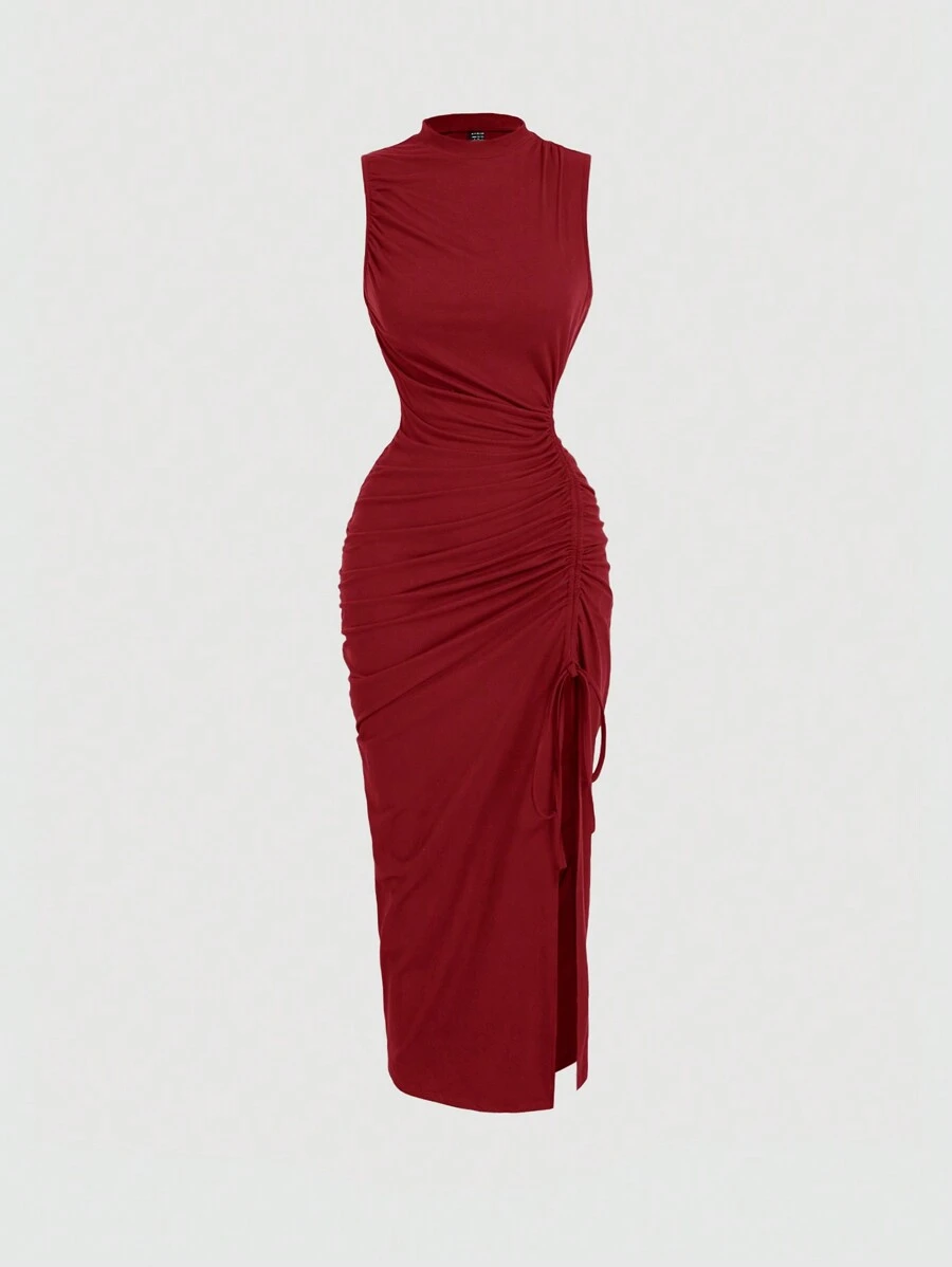 SHEIN MOD Deep Brown Stand Collar Ruched Sleeveless Mid-Length Bodycon Dress For Women - Red - View 1