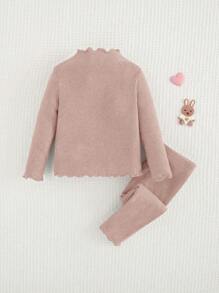 Cozy Pixies Baby Girl 2pcs Set Solid Color Knit Soft Round Neck Ruffle Trim Long Sleeve Top And Elastic Waist Casual Pants