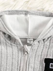 SHEIN 年轻女孩 2 件套服装，带 B 字母刺绣的连帽夹克和喇叭下摆罗纹针织裤，秋冬 - 淺灰色 - 查看 3