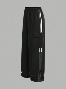 SHEIN Girlism 2 件套青少年女孩针织英文字母印花休闲宽松连帽衫运动衫和撞色加长裤套装 - 白色 - 查看 3