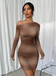 Chiquease Smudge Print Asymmetrical Neck Pleated Long Sleeve Dress - Brown - View 4