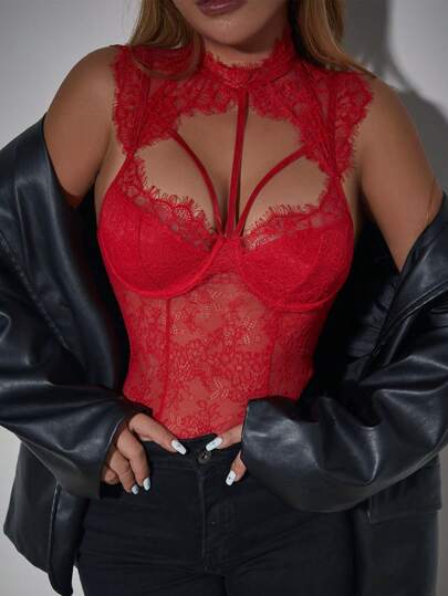 SHEIN LUNE بودي سويت أنيق وجذاب للنساء من الدانتيل المفتوح للاحتفالات العام الجديد والحفلات