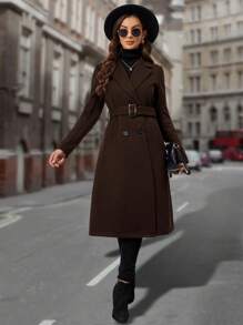 EMERY ROSE Women's Solid Color Double-Breasted Belted Pocket Long Sleeve Elegant Overcoat - Coffee Brown - View 5