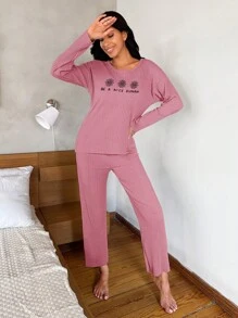 SHEIN Cottnline Slogan & Floral Pattern Ribbed Knit Lounge Set - Dusty Pink - View 3