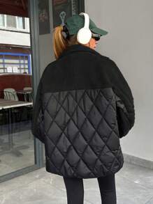 EURMUSE Women Padded Coat With Teddy Bear Fabric Patchwork, Diamond Shape Stitch Line - Black - View 2