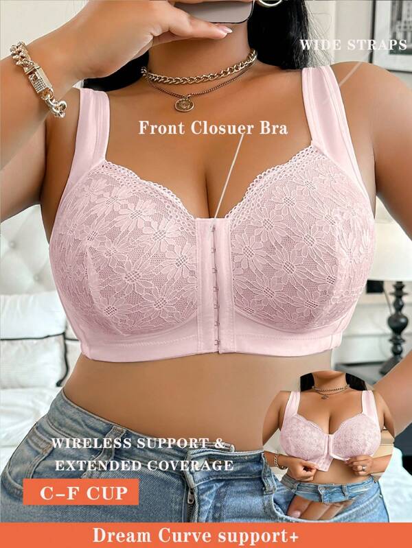 1pc Plus Size Contrast Lace Front Button Closure Wire-Free Bra Lingerie