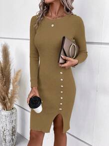 SHEIN Clasi Solid Color Crew Neck Button-Up Fitted Elegant Long Sleeve Sweater Dress - Camel - View 5
