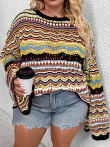 SHEIN CURVE+ Áo len chui đầu dáng rộng cỡ lớn, phối màu tương phản, thích hợp cho mùa lễ hội thu đông. - Nhiều màu - Xem 3