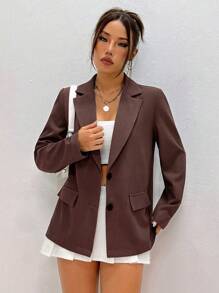 SHEIN Unity 1pc Women's Solid Color Single-Button Elegant Office Wear Long Sleeve Blazer - Coffee Brown - View 5