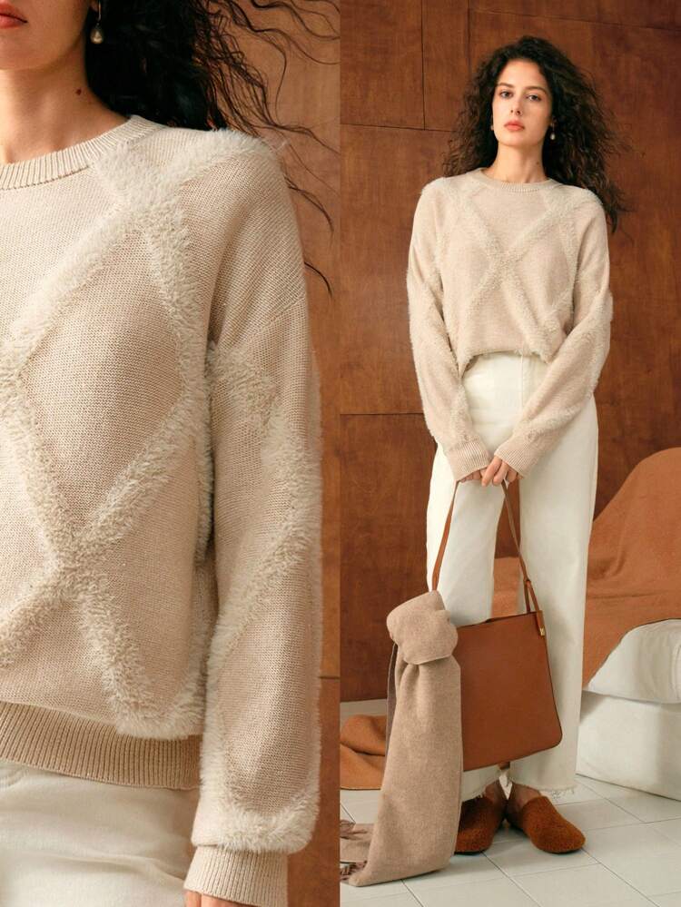 SOLID FUZZY ARGYLE TRIM SWEATER