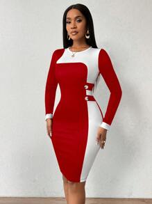 Lyxana Women Elegant Fashion Color Block Round Neck Long Sleeve Dress