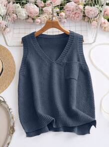 SHEIN LUNE Women Casual Minimalist Solid Color V-Neck Pocket Knit Sweater Vest, Suitable For Autumn And Winter