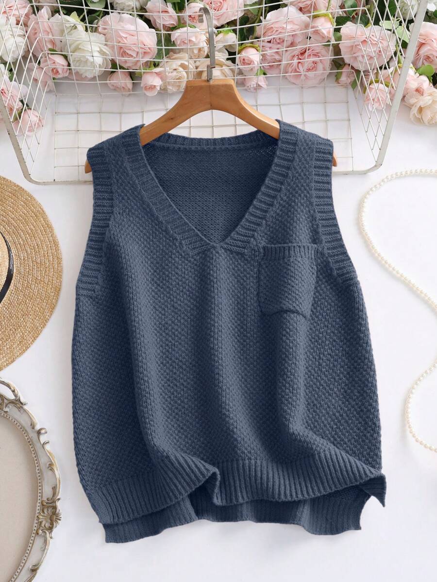 SHEIN LUNE Women Casual Minimalist Solid Color V-Neck Pocket Knit Sweater Vest, Suitable For Autumn And Winter