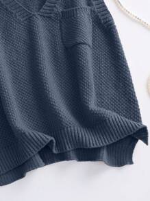 SHEIN LUNE Women Casual Minimalist Solid Color V-Neck Pocket Knit Sweater Vest, Suitable For Autumn And Winter