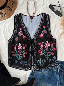 Soleia 度假女士多彩复古定位提花V领无袖开襟系带开襟梭织提花背心，新年女装，女士冬装，女士西装，女士生日服装