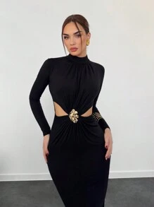 Aloruh Women's Sexy Fashionable Elegant High Collar Side Hollow Front Center Metal Button Decoration Slim Black Long Sleeve Dress Christmas Party Women Dress New Year Eve Dress Christmas Dress Thanksgiving Dress Holiday Dress New Years Dress Christmas Party Dress Party Women Dresses