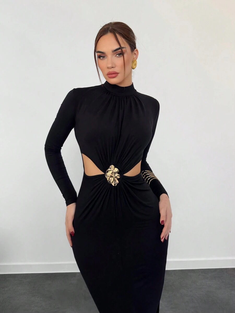 Aloruh Women's Sexy Fashionable Elegant High Collar Side Hollow Front Center Metal Button Decoration Slim Black Long Sleeve Dress Christmas Party Women Dress New Year Eve Dress Christmas Dress Thanksgiving Dress Holiday Dress New Years Dress Christmas Party Dress Party Women Dresses