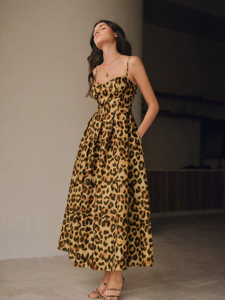 Women's Leopard Print Dress, Spaghetti Strap, Elegant And Fashionable, Summer Maxi Women Outfit