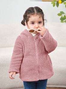 SHEIN 女婴长袖连帽夹克，保暖内衬，适合户外、派对、玩耍、秋冬季 - 粉色 - 查看 3