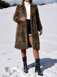 SHEIN Clasi 大码女式斑马印花长袖蓬松外套，冬季 - 彩色 - 查看 4