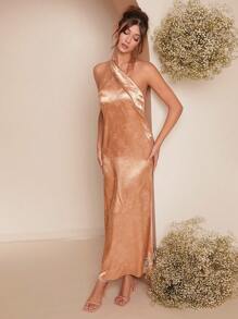 L'Amorae Váy đuôi cá cổ yếm bằng vải satin jacquard - Màu Khaki - Xem 5