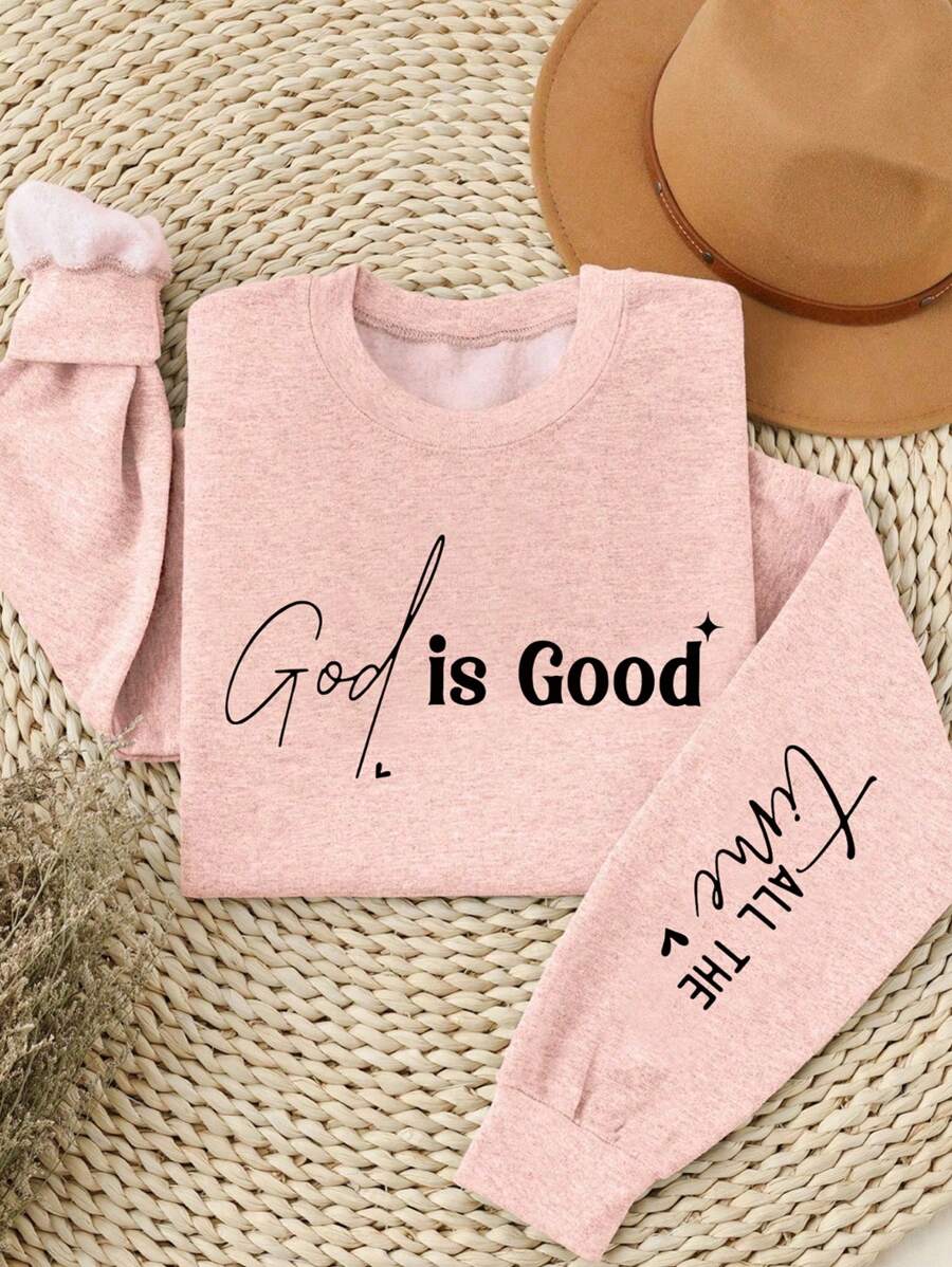 Calvaya 极简标语字母印花圆领宽松长袖卫衣，大码毕业季、返校季、教师秋季套头衫 - 粉色 - 查看 1