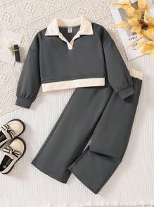 SHEIN Genkimix Kids 2 件套年轻女孩时尚宽松运动衫和高腰阔腿裤套装，休闲春秋季 - 灰色 - 查看 4