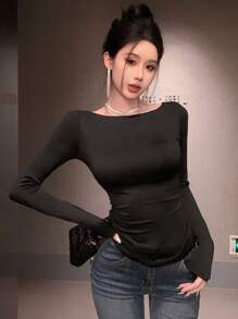 DAZY 1pc Women Lace Patchwork Asymmetric Back Design Long Sleeve T-Shirt Going Out Tops Sheer,Fall Clothes - Black - View 5