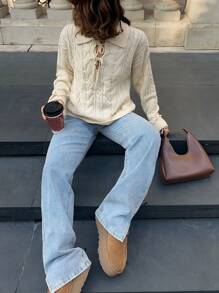 SHEIN Frenchy Women Solid Color Front Tie Cable Casual Versatile Long Sleeve Sweater