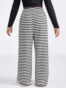 SHEIN Tween Girls Fall/Winter Drawstring Waist Striped Wide Leg Loose Casual Pants - Black and White - View 2