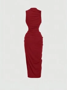 SHEIN MOD Deep Brown Stand Collar Ruched Sleeveless Mid-Length Bodycon Dress For Women - Red - View 2