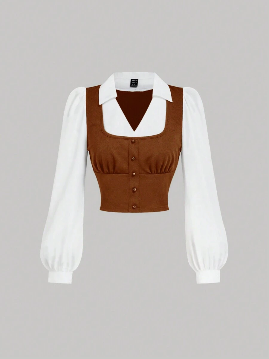 SHEIN MOD 1 pieza Camisa de manga larga con bloqueo de colores, cuello vuelto y fruncido en el pecho, en blanco y negro - Marrón - Ver 1