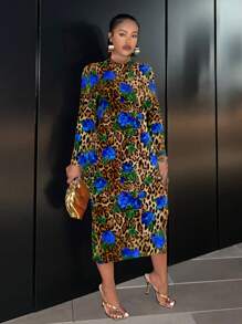 Slaydiva Elegant Minimalist Leopard & Rose Print Long Sleeve Round Neck Fitted Dress For Plus Size Women, Autumn/Winter