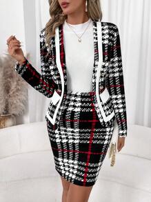 SHEIN Clasi Veste et jupe à carreaux classique pour femmes, ensemble de 2 pièces. Tenue de bureau élégante et tenues décontractées pour l'automne/l'hiver