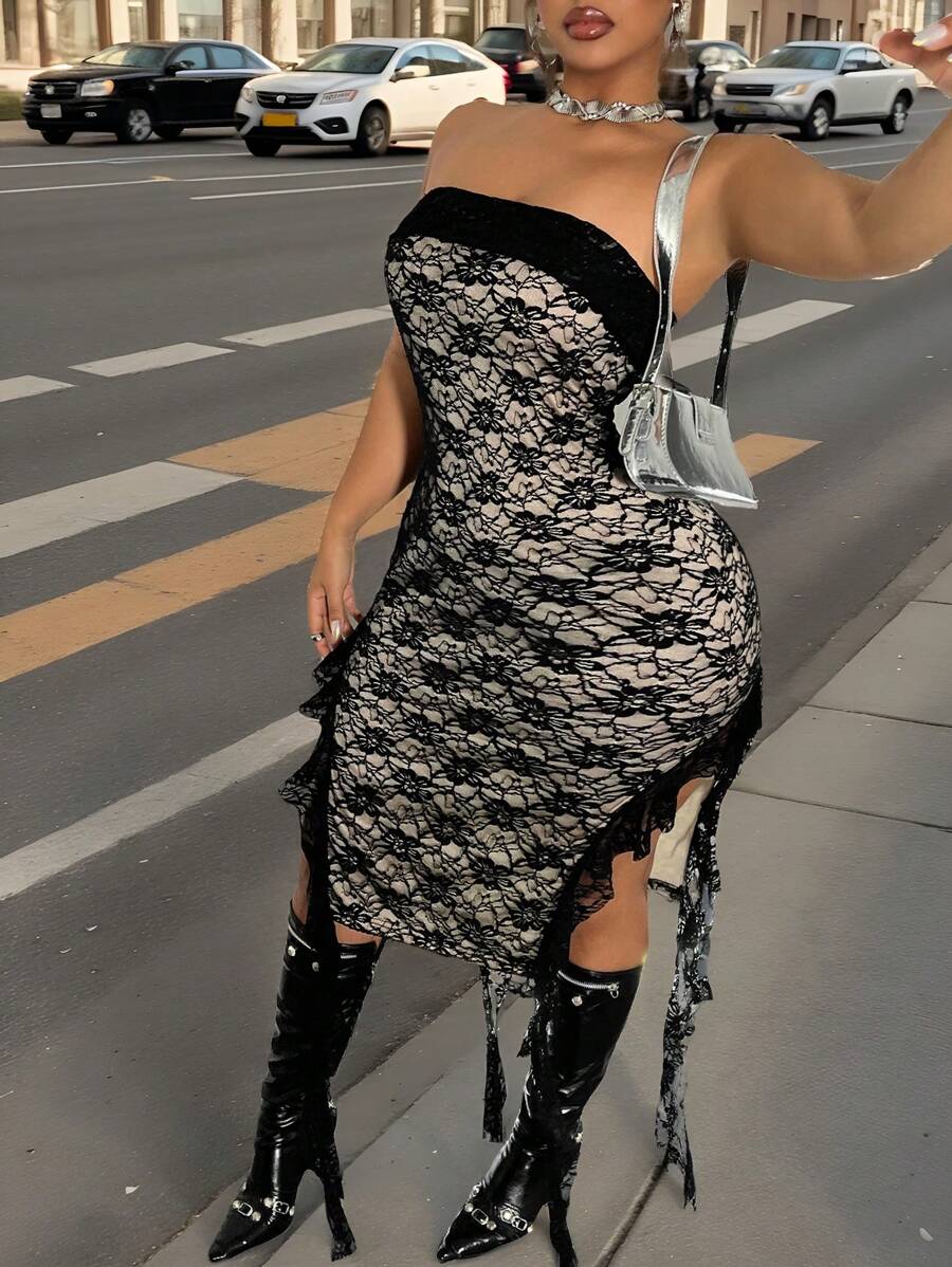 Maweii Black Lace Bandeau Simplistic Fringe Dress - Black - View 1