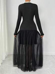 Chiquease 1 件 撞色蝴蝶结点缀网眼长袖紧身派对休闲连衣裙 Y2K 风格 - 黑色 - 查看 3