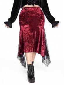ROMWE Christmas Plus Size Women Gothic Style Asymmetrical Hem Lace Patchwork Bodycon Velvet Skirt - Burgundy - View 3