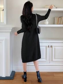 DAZY Women Solid Color Crew Neck Sweater Dress, Casual For Daily Wear, Autumn/Winter,Fall Women Clothes