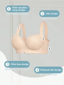 1pc Women Casual Soft Comfortable Wide-Strap Gather & Lift Underwire Bra Lingerie - Beige - View 8